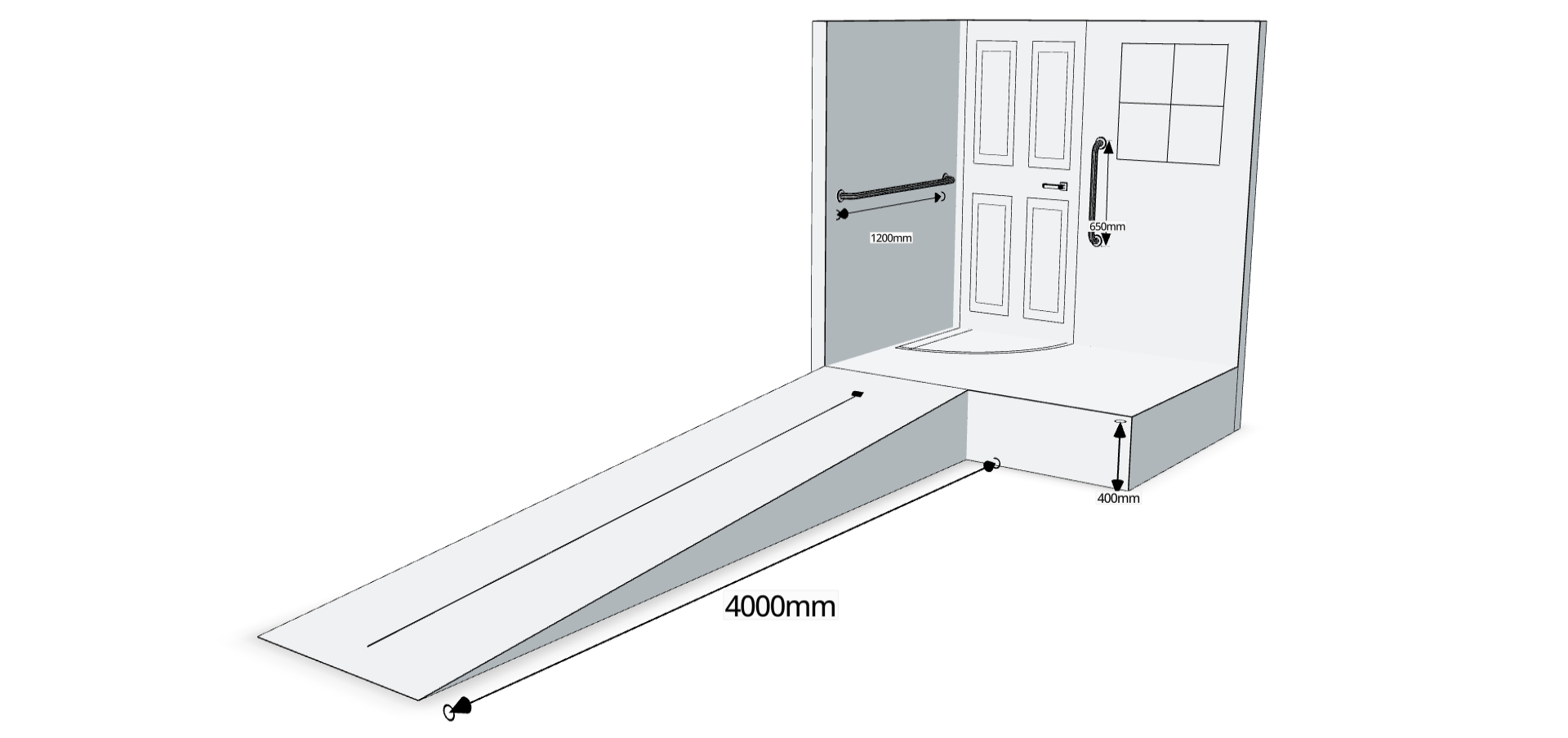 A home modification with a ramp and rails designed by an Occupational Therapist using OT Sketch